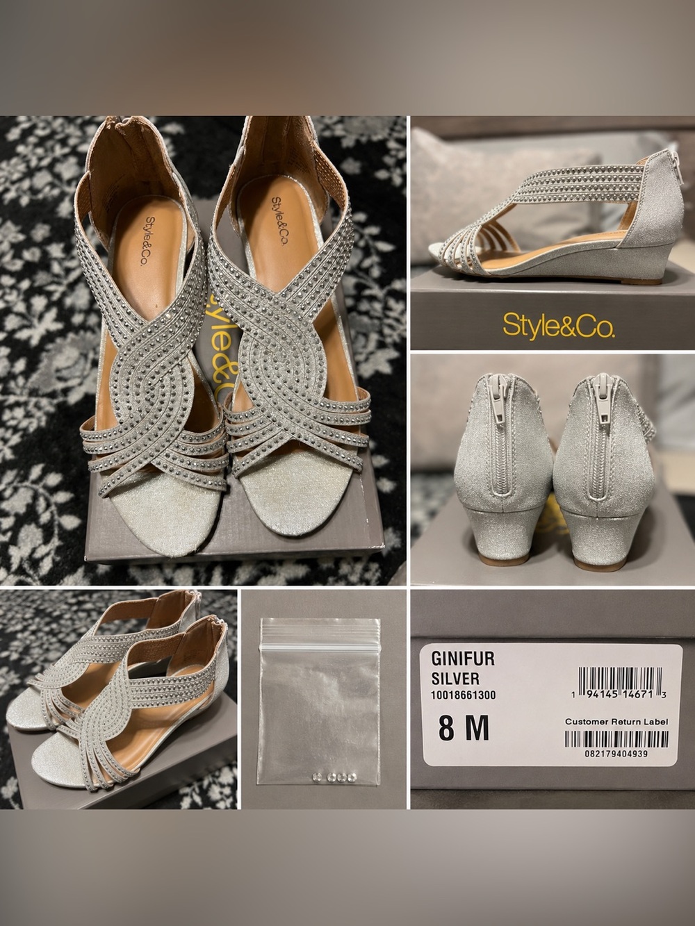 Style & Co Silver Rhinestone Wedge Sandals Size 8 | Wedding, Special Occasion